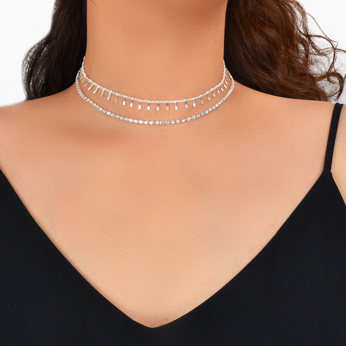 Gold Layered Initial Necklaces Women Rhinestone Decoration Double Chain Choker
